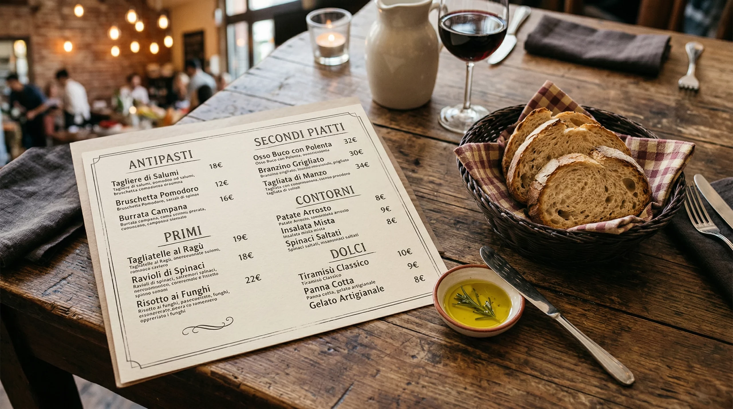 a classic italian menu with sections like antipasti primi secondi contorni and dolci laid out on a rustic wooden table with a basket of fresh bread nearby scaled